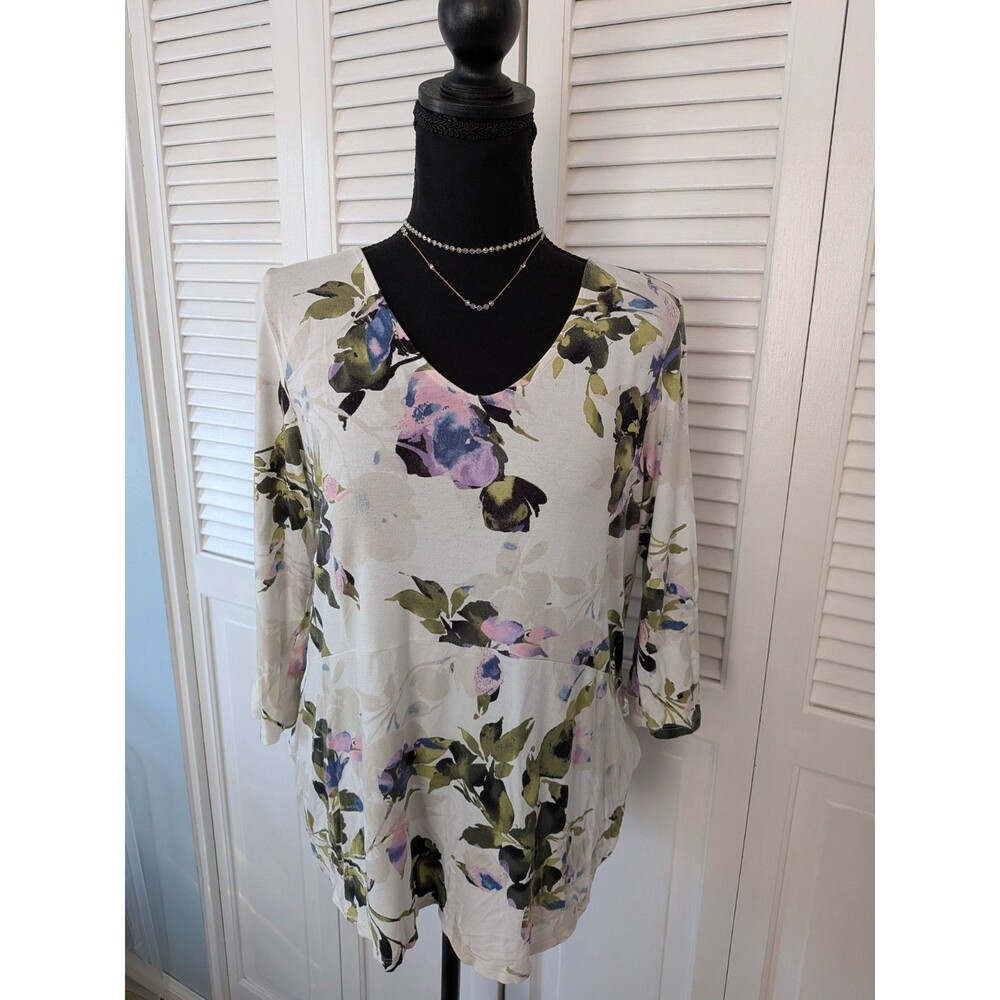 J Jill Wearever Collection Top Women XS Ivory Floral Stretchy Peplum 3/4 Sleeve